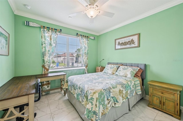 bedroom with ceiling fan and ornamental molding