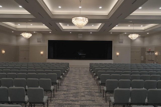 home theater room with beam ceiling, crown molding, and coffered ceiling