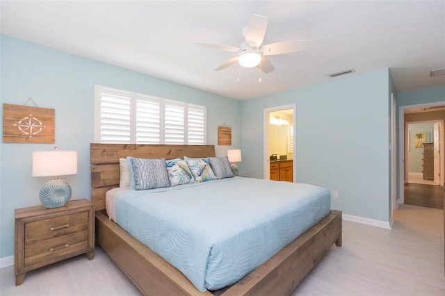 bedroom featuring ensuite bathroom and ceiling fan