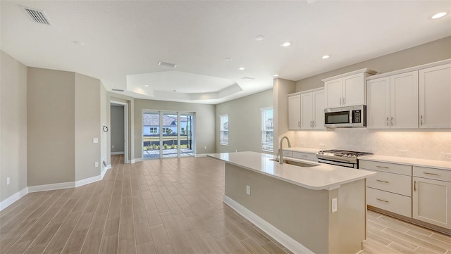 kitchen featuring sink, white cabinetry, a raised ceiling, a center island with sink, and appliances with stainless steel finishes