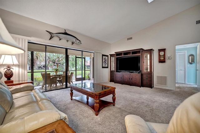 carpeted living room with lofted ceiling