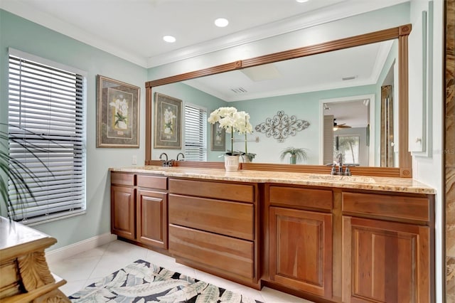 bathroom featuring vanity, ornamental molding, and tile patterned flooring