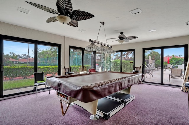 recreation room with light colored carpet, billiards, and ceiling fan