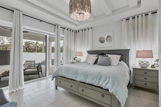 bedroom with access to exterior, a chandelier, and beamed ceiling