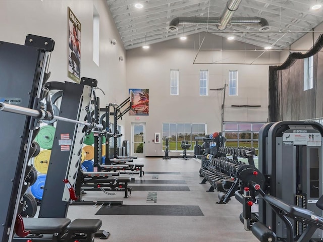 workout area with a high ceiling