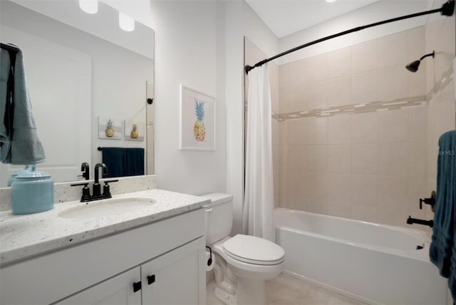 full bathroom featuring toilet, vanity, and shower / bathtub combination with curtain