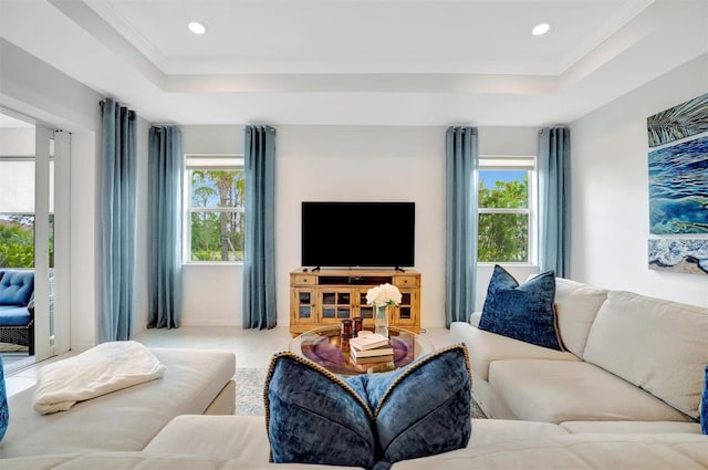 living room featuring crown molding, plenty of natural light, and a raised ceiling