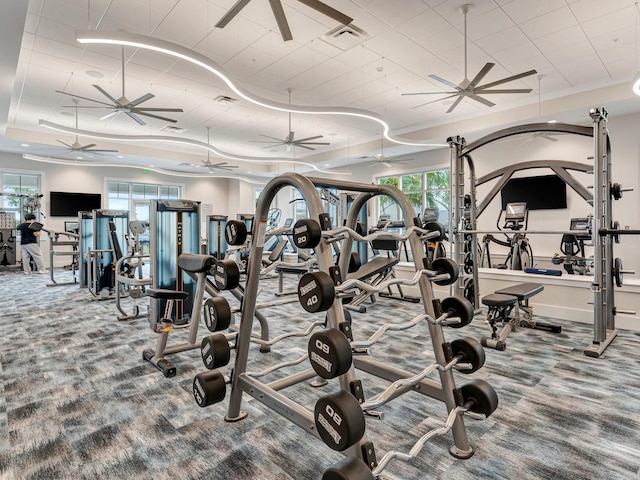 gym with ceiling fan, plenty of natural light, carpet, and a raised ceiling