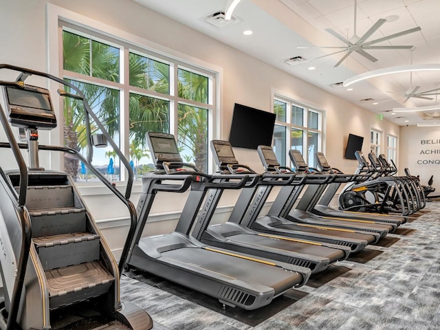 workout area with ceiling fan