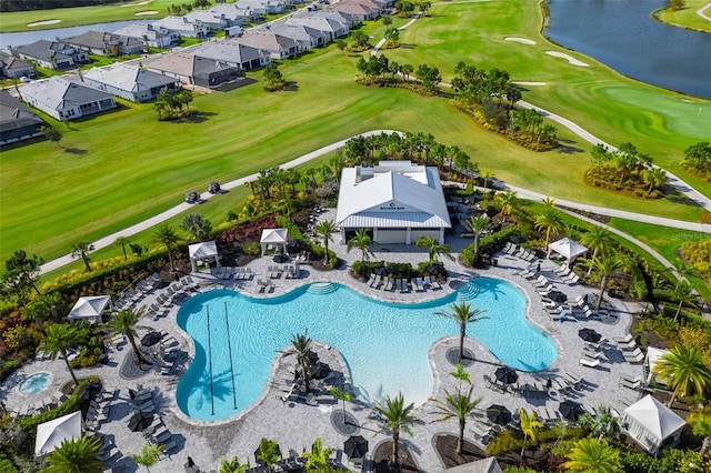 16127 Fortezza Dr, Bradenton, FL 34211 - community pool featuring golf course view, a patio area, a residential view, and a water view