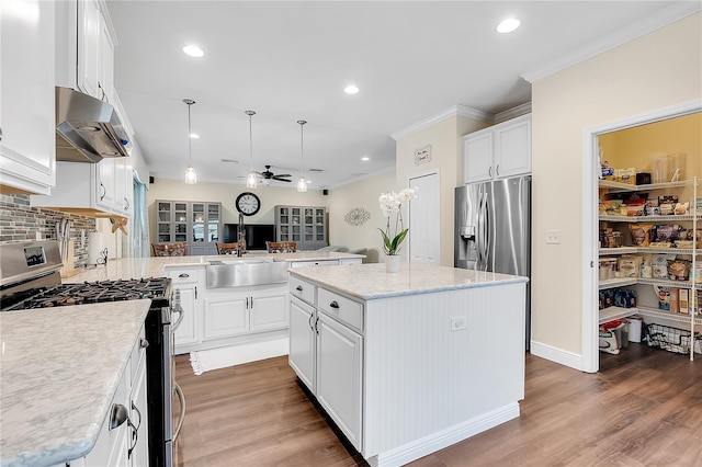 kitchen featuring under cabinet range hood, wood finished floors, stainless steel appliances, and ornamental molding