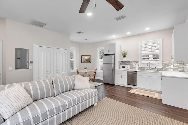 living room featuring electric panel, dark hardwood / wood-style flooring, sink, and ceiling fan