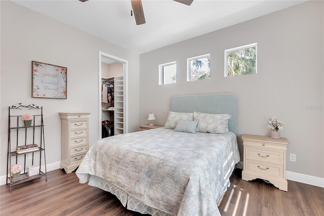 bedroom with ceiling fan, dark hardwood / wood-style flooring, a spacious closet, and a closet