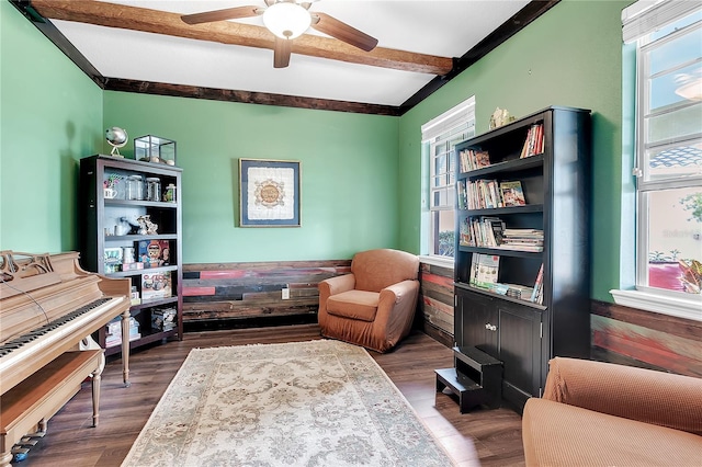 living area with beam ceiling, dark wood-type flooring, and ceiling fan