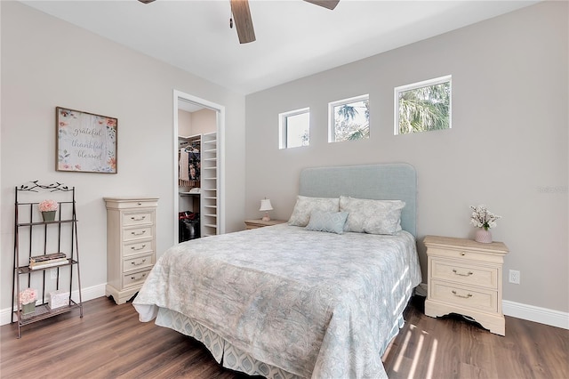 bedroom with wood finished floors, a spacious closet, baseboards, and a closet
