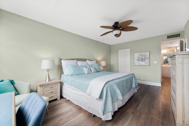 bedroom with ceiling fan, a closet, dark wood-type flooring, and ensuite bathroom