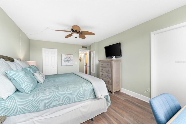 bedroom featuring ceiling fan, hardwood / wood-style flooring, and a closet