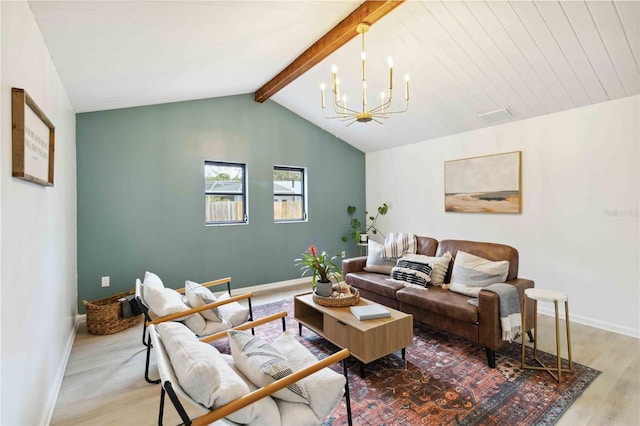 living room with hardwood / wood-style floors, lofted ceiling with beams, and an inviting chandelier