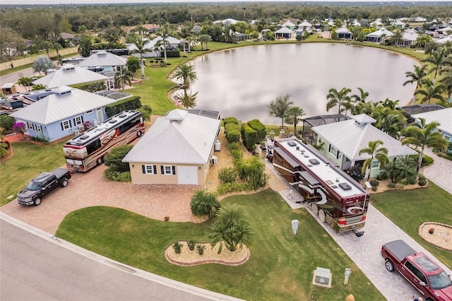 drone / aerial view featuring a water view