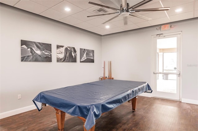 rec room featuring ceiling fan, a drop ceiling, wood-type flooring, and billiards