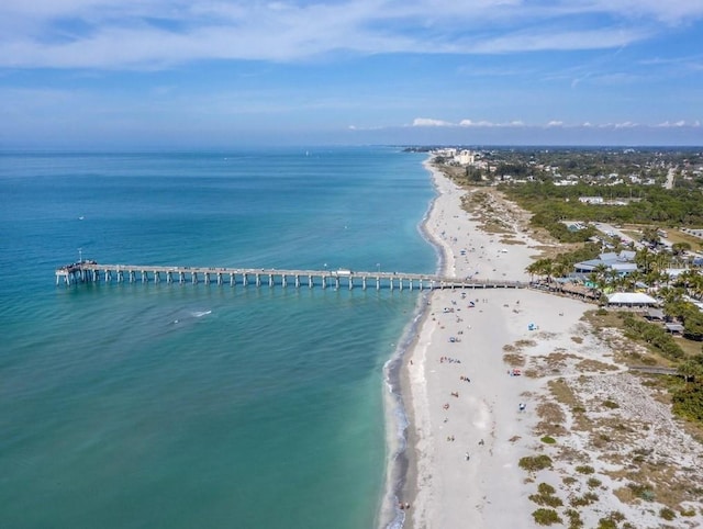 bird's eye view featuring a water view and a view of the beach