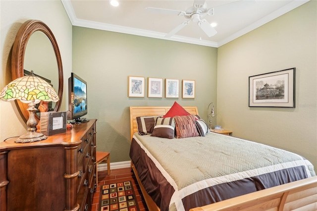 bedroom featuring ceiling fan, dark hardwood / wood-style flooring, and ornamental molding