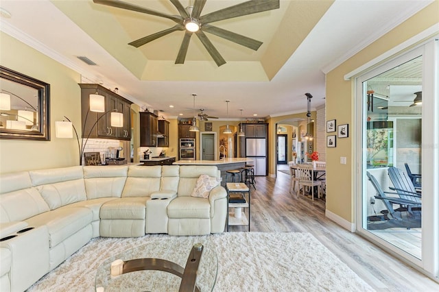 living room with ornamental molding, light hardwood / wood-style floors, and a tray ceiling