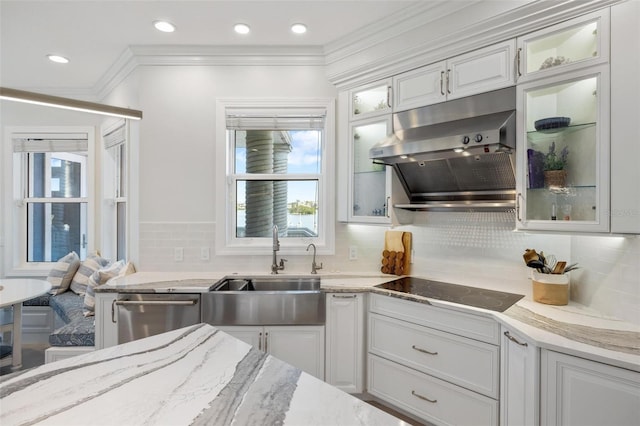 kitchen featuring sink, white cabinets, dishwasher, and extractor fan