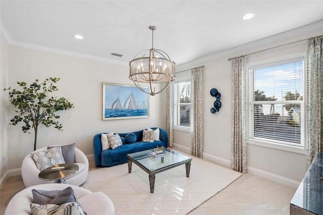 living room featuring crown molding and a notable chandelier