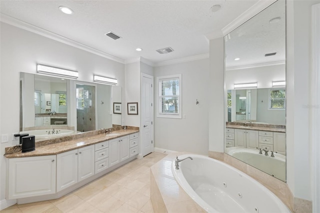 bathroom with a relaxing tiled tub, a textured ceiling, vanity, and crown molding