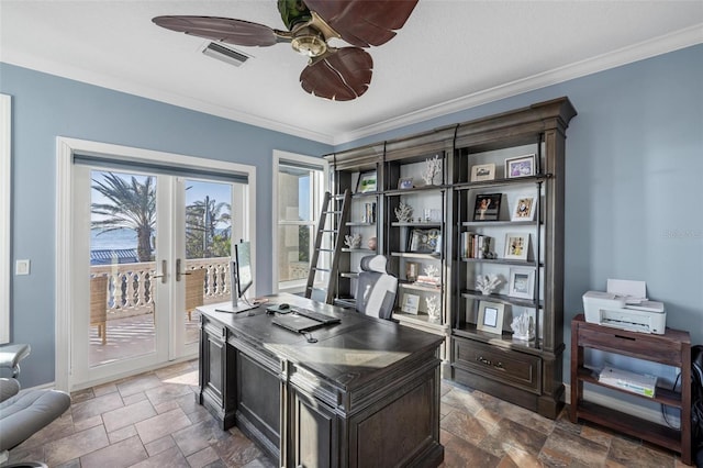 home office featuring ceiling fan, ornamental molding, and french doors