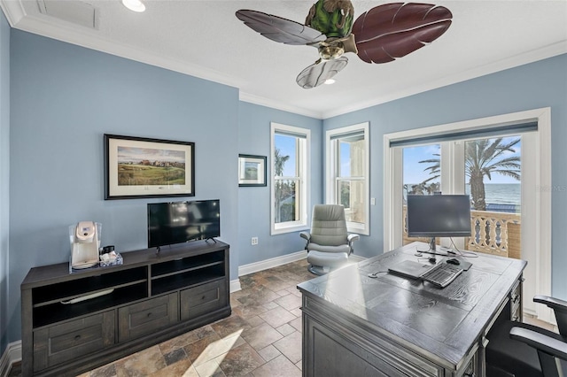 office area featuring ceiling fan and ornamental molding