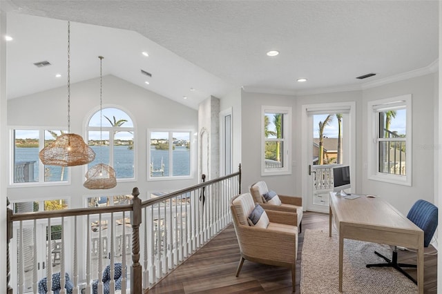 office area with a textured ceiling, lofted ceiling, dark hardwood / wood-style flooring, ornamental molding, and a water view