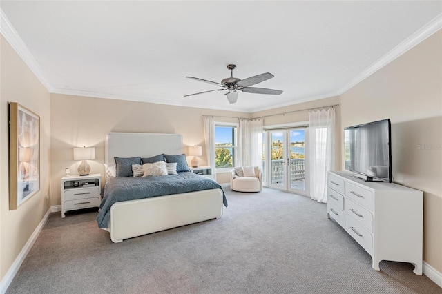 bedroom featuring ceiling fan, access to exterior, crown molding, and light colored carpet