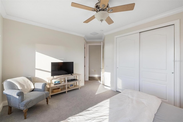 carpeted bedroom featuring ceiling fan, a closet, and crown molding