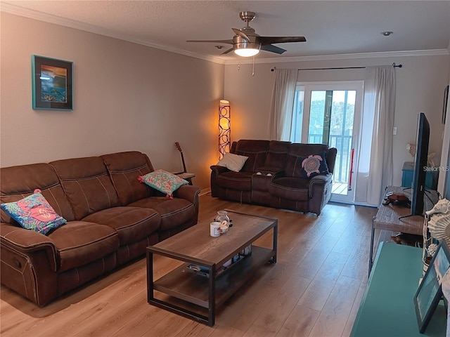 living room with ceiling fan, ornamental molding, and light hardwood / wood-style flooring