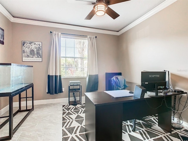 office with ceiling fan and ornamental molding