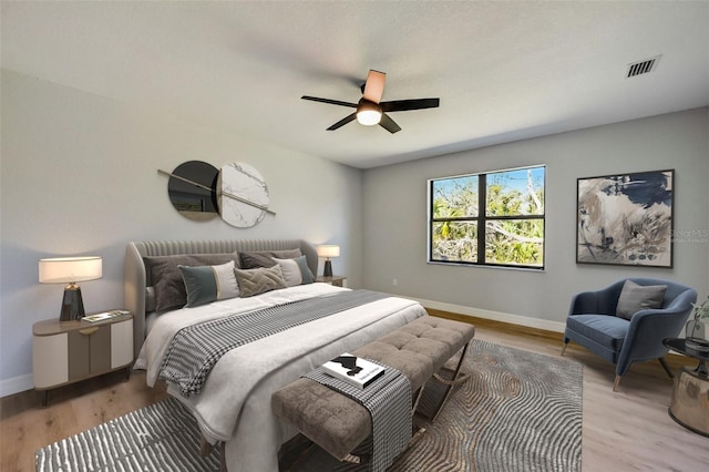 bedroom featuring ceiling fan and light hardwood / wood-style flooring