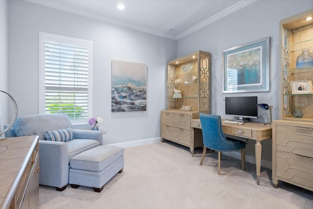 carpeted office featuring crown molding