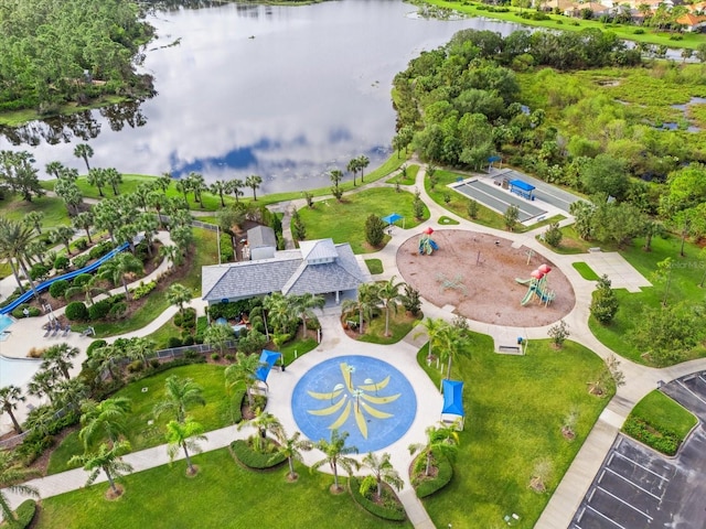 birds eye view of property featuring a water view