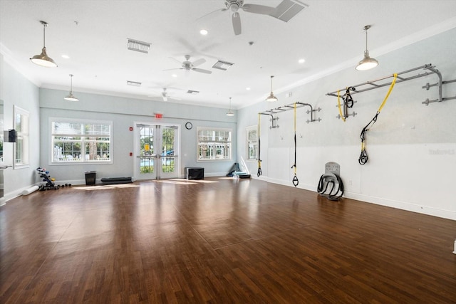 exercise area featuring french doors, crown molding, and dark hardwood / wood-style flooring