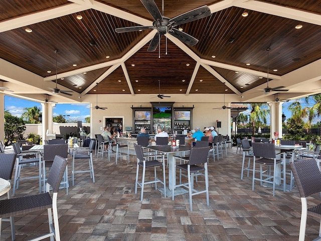 view of patio / terrace featuring ceiling fan and a gazebo