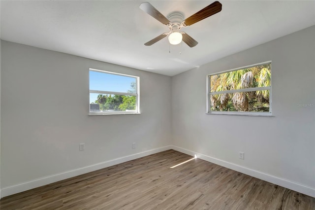 unfurnished room featuring light wood-type flooring, ceiling fan, and plenty of natural light