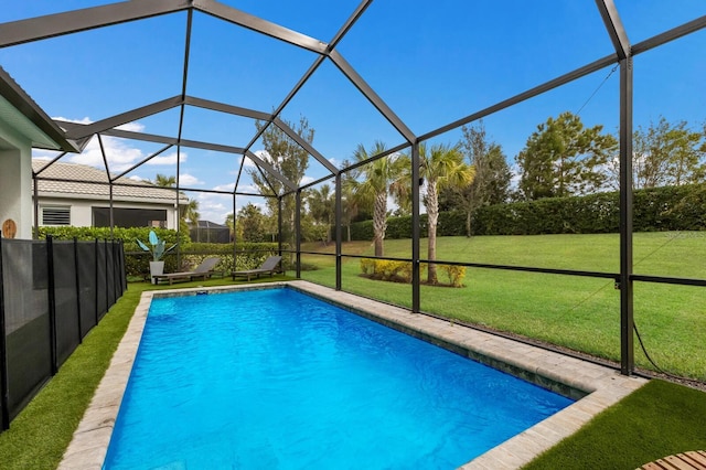 view of swimming pool with a lawn and glass enclosure