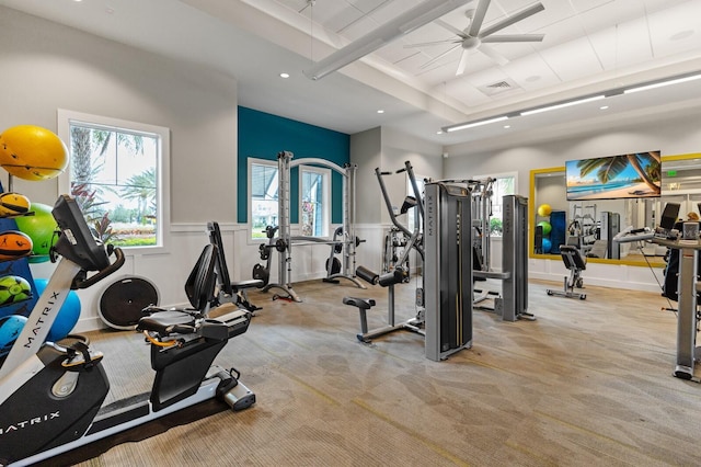 workout area featuring ceiling fan