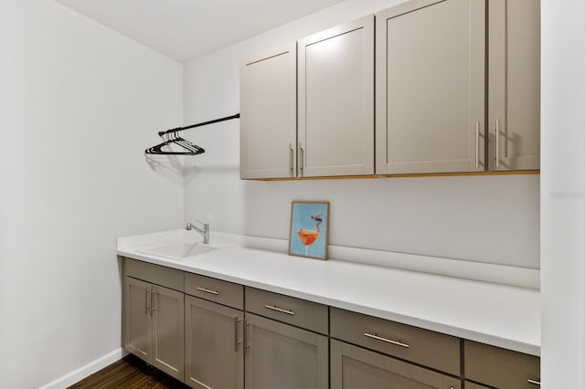 interior space with vanity and wood-type flooring