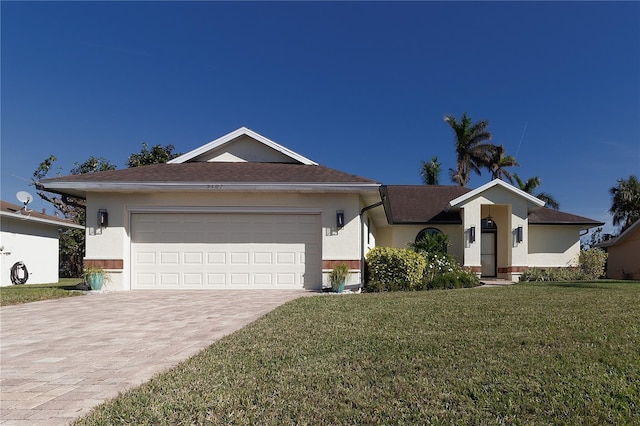 ranch-style house with a front lawn and a garage