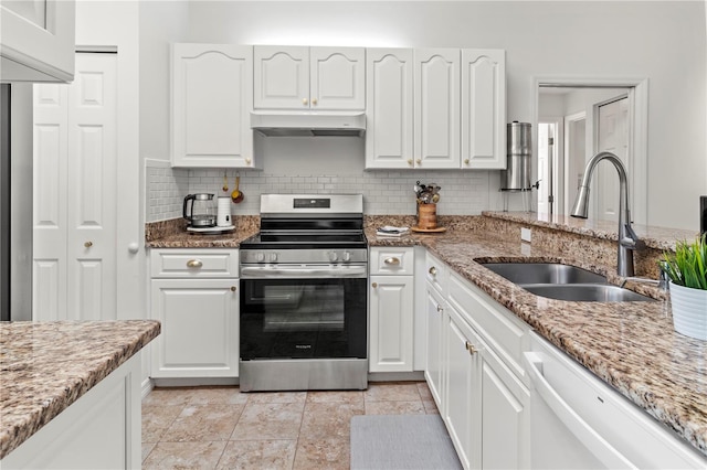 kitchen with light stone countertops, white cabinets, sink, white dishwasher, and stainless steel electric range