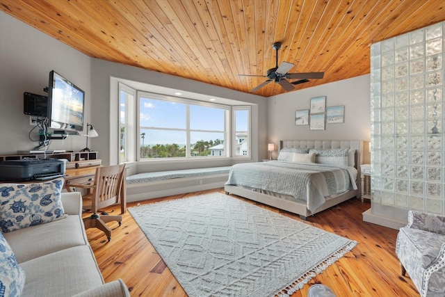 bedroom featuring ceiling fan, light wood-type flooring, and wooden ceiling