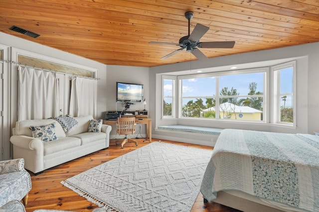 bedroom with ceiling fan, wood ceiling, and multiple windows